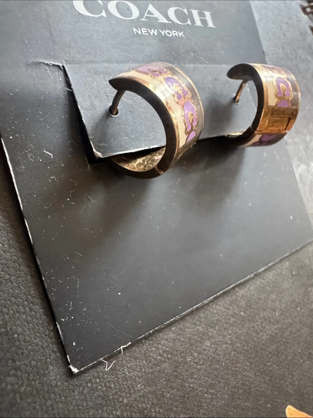 Coach Gold-Tone Hoop Earrings with purple Logo Accent - Picture 3 of 3